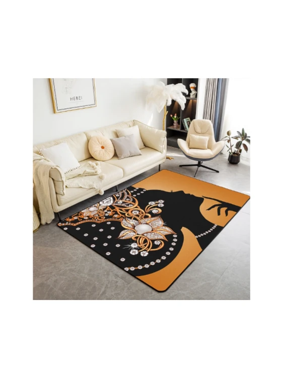 Dywan 150x200 cm w stylu afrykańskim, czarno-złoty z dekoracyjnym motywem kobiecego profilu w salonie