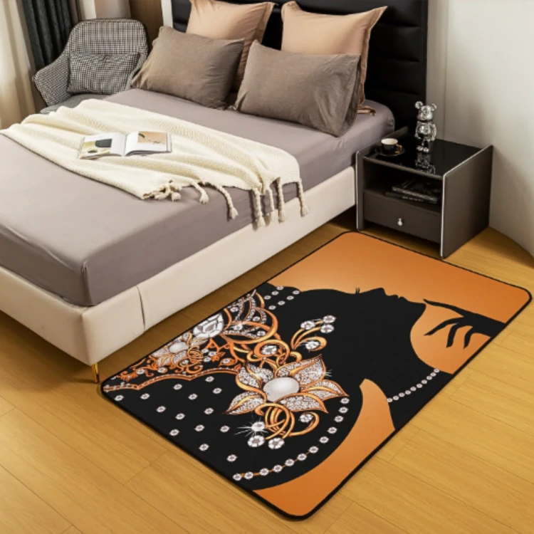 Dywan afrykański 150x200 cm w sypialni, czarny ze złotym wzorem kobiecego profilu i ornamentami