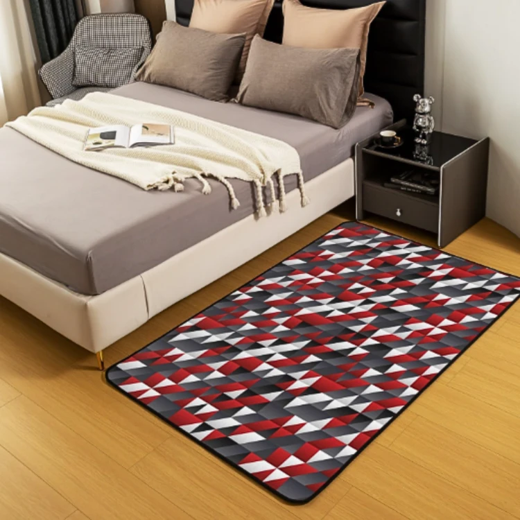 Dywan geometryczny 100x150 cm czarno-czerwono-biały w nowoczesnej sypialni